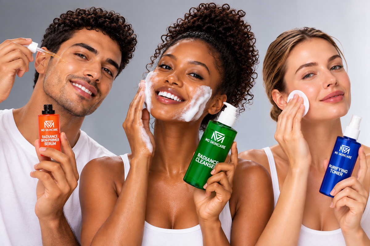 Three models applying skincare, with an MG Skincare product