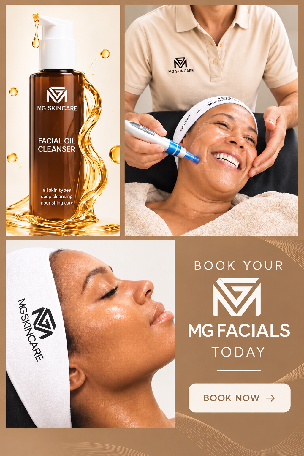 MG facial oil cleanser and clients receiving facial treatments
